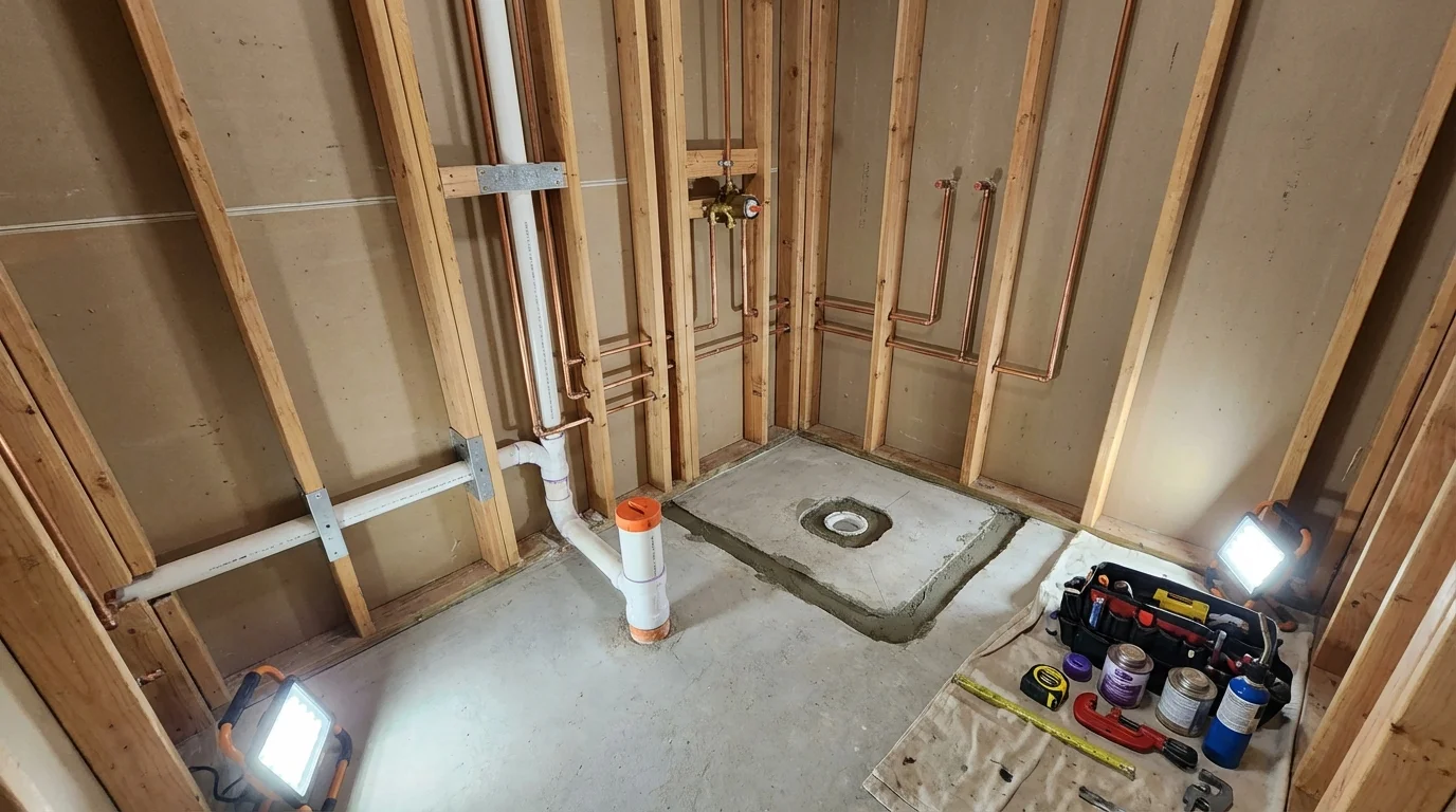 Bathroom rough-in plumbing during remodel by Johns Plumbing LLC in Flanagan