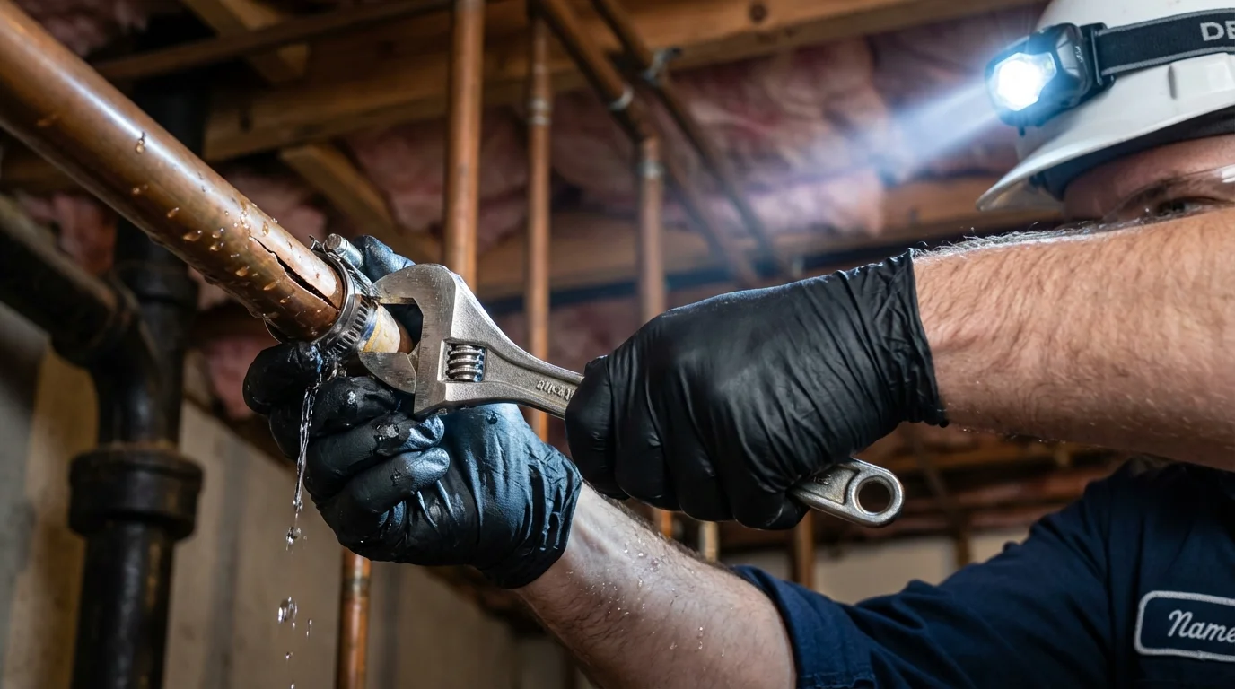 Emergency pipe clamp repair being performed by a Johns Plumbing LLC plumber in Flanagan