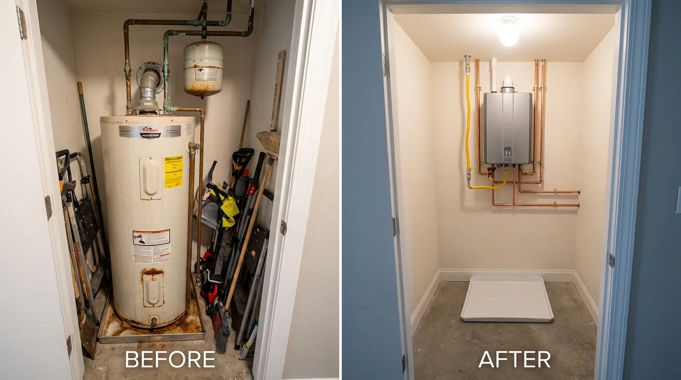 Tank water heater versus wall-mounted tankless unit comparison for Flanagan, IL homeowners