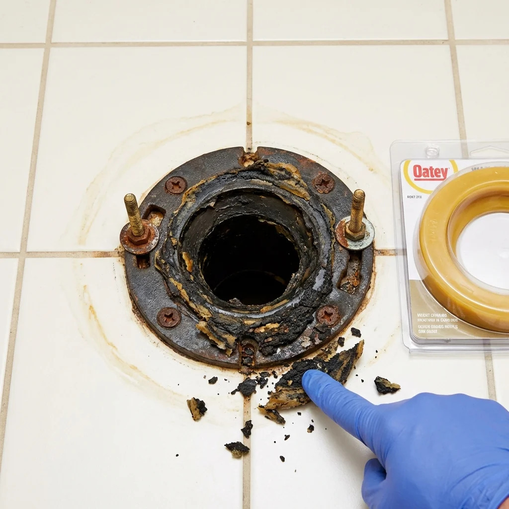 Failed wax ring showing water seepage at the base of a toilet in a Flanagan, IL home