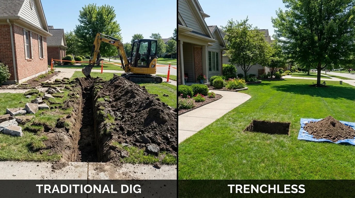 Trenchless sewer repair with minimal yard damage versus traditional excavation in Flanagan, IL